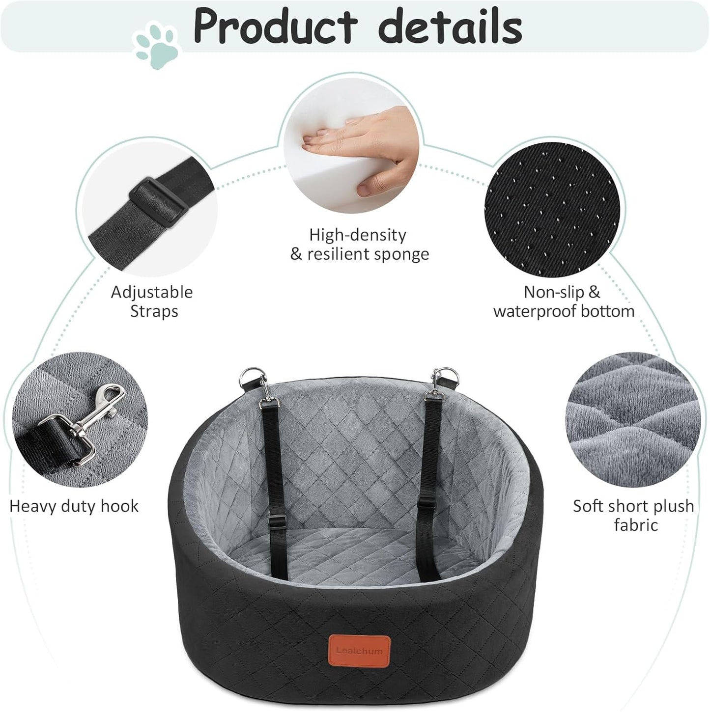 Dog Car Seat for Small Dogs Up to 30 Lbs,Ultra Soft Fabric Fill in Comfy Memory Foam,Happy Pet Ride,2 Safety Dog Leashes,Fully Detachable and Washable,Anti Slip Base(Black/Grey)