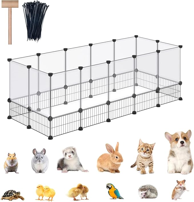 DINMO Rabbit Playpen, Guinea Pig Cages, Hamster Cages, Iron Net Bottom Design for Small Animal, Bunny, Ferret, Hedgehog, DIY, Expanded, Portable, Exercise Fence, 61.4 x 25.4 x 22.3 Inches