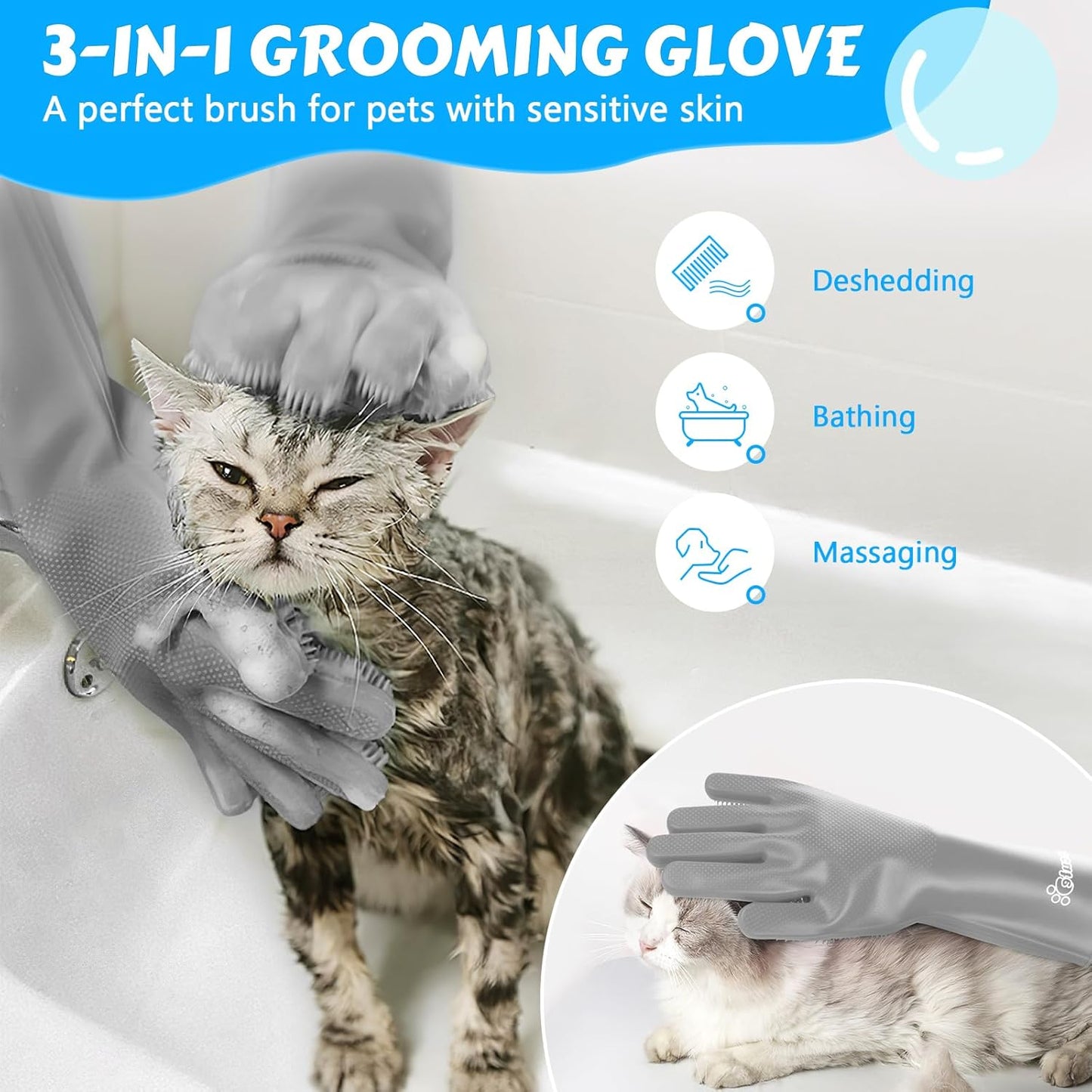 Pecute Pet Grooming Gloves, Large, Gray, Heat Resistant, High-Density Teeth, Silicone Dog Bathing Gloves with Enhanced Five Finger Design, for Washing, Bathing, and Massaging