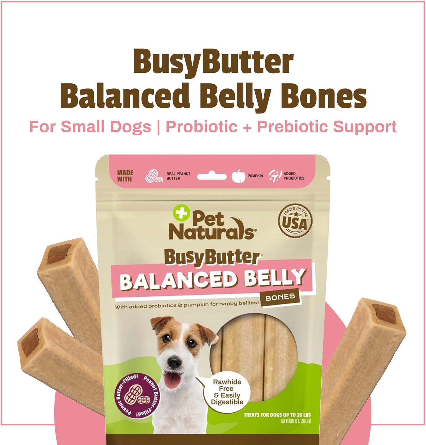 Pet Naturals BusyButter Balanced Belly Peanut Butter Bones, Rawhide-Free Chews for Small Dogs, Long Lasting Chew Bones, Probiotics & Pumpkin for Gut Health, 22 Count
