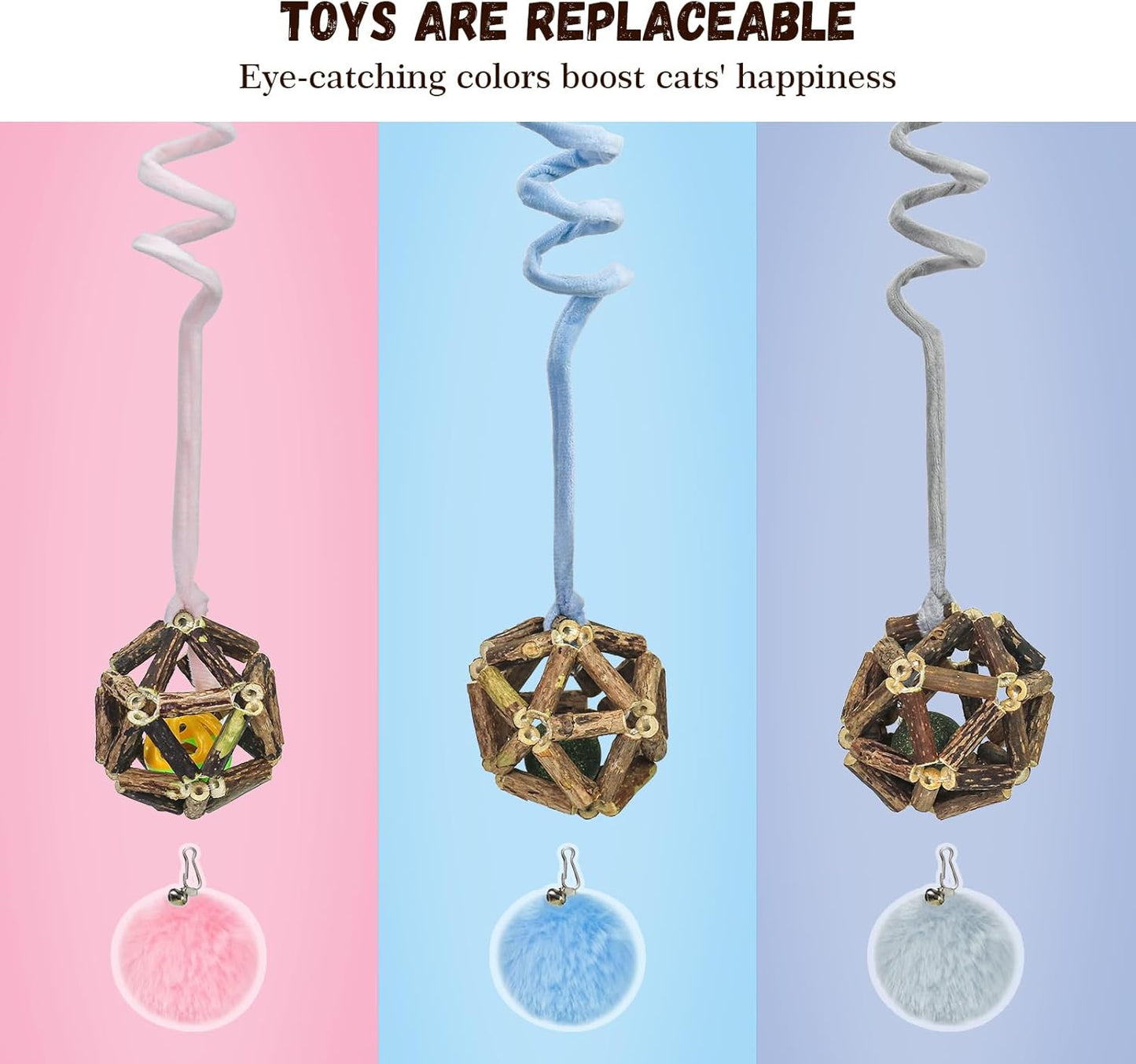 Hanging Retractable Catnip Cat Spring Toys,Fluffy Ball Cat Toys with Bell,6 Pack Hanging Interactive Teaser for Indoor Kittens,Promotes Exercise, Chase & Play, Kitten-Safe Bouncy Fun (Ball)