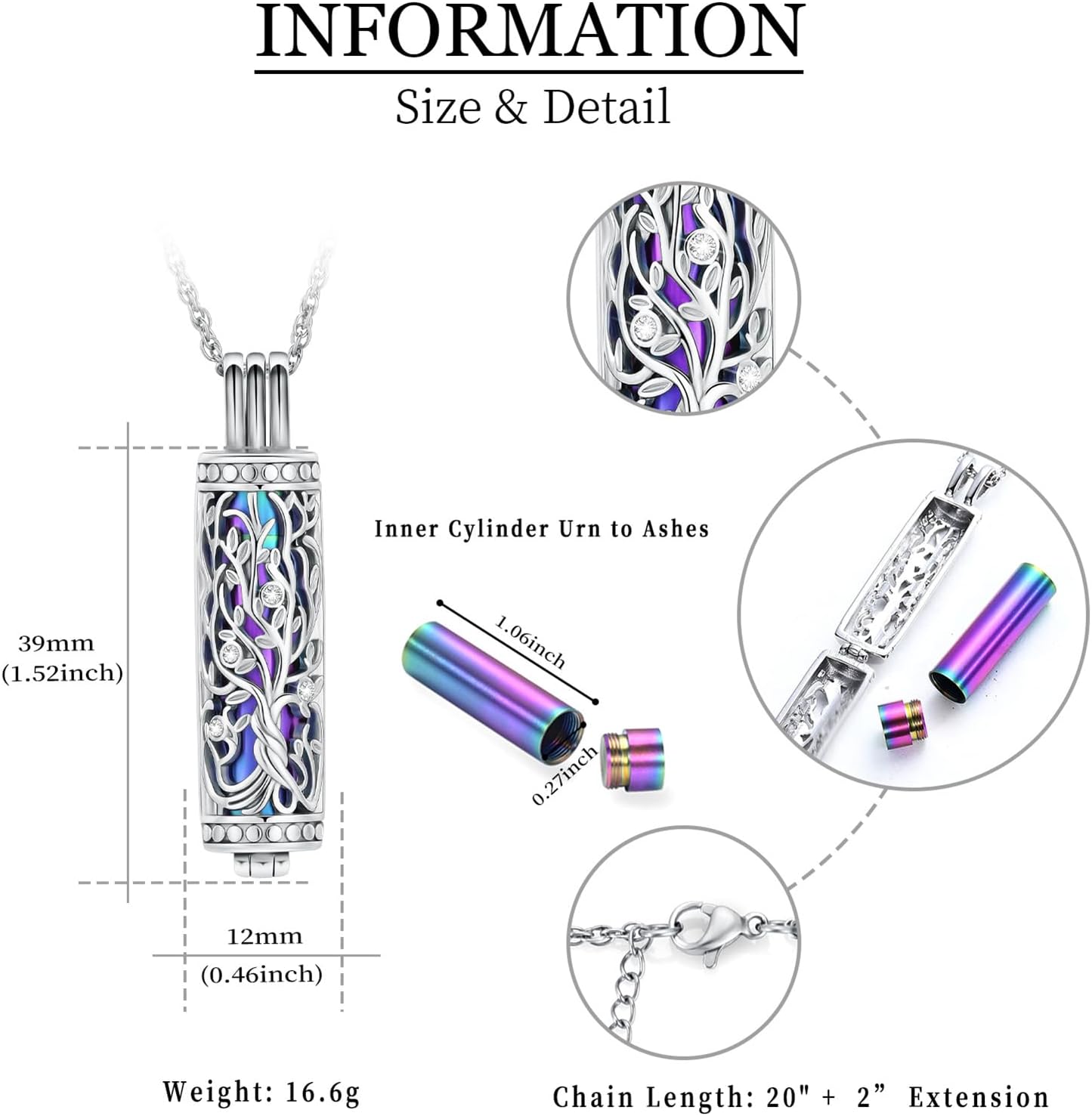 shajwo Cylinder Cremation Jewelry Tree of Life Urn Ashes Necklace for Women Men Vial Cremation Ash Pendant Loved One Memorial Jewelry