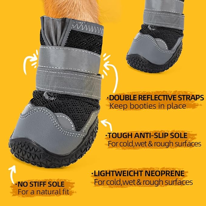 Dog Shoes for Large Dogs, Medium Dog Boots & Paw Protectors for Hardwood Floors, Outdoor Dog Booties for Hot Pavement Winter Snow Hiking, Breathable Dog Shoes with Reflective Strips Size 4
