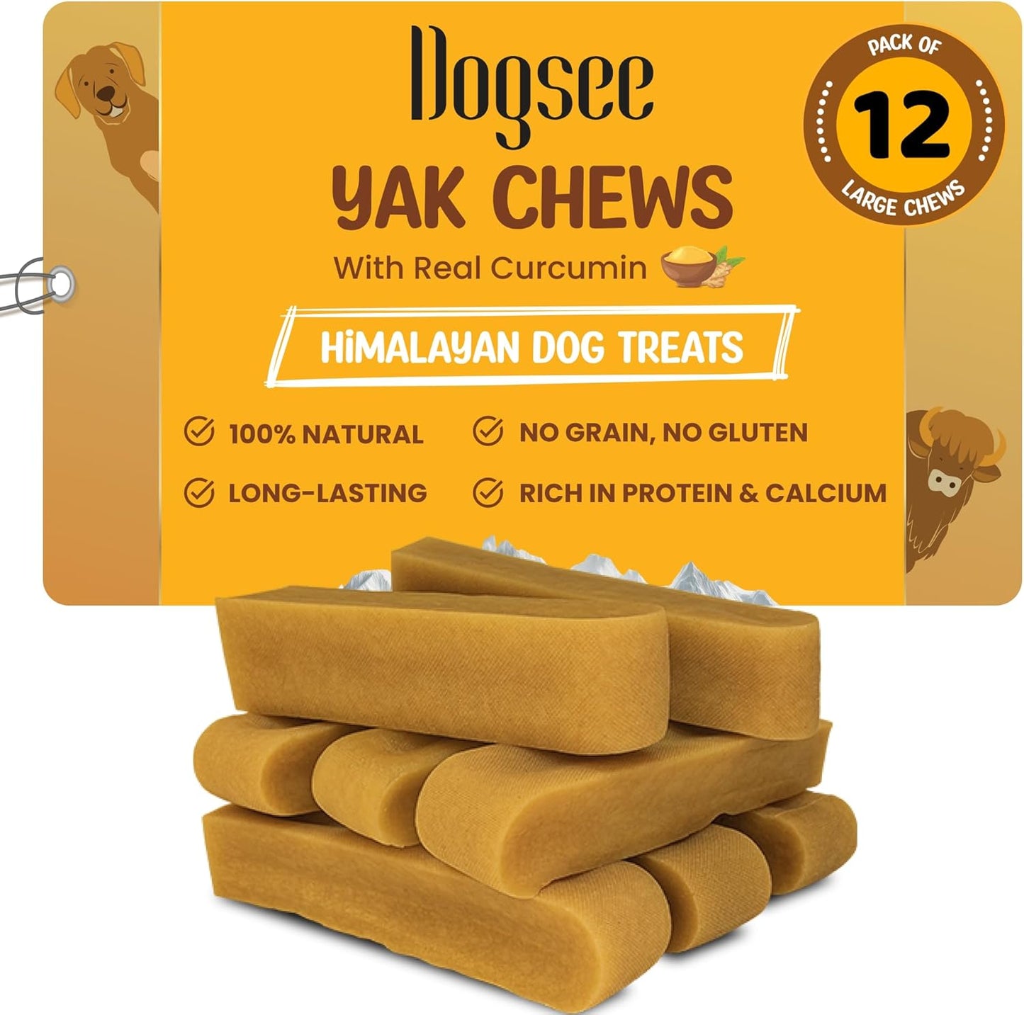 Dogsee Turmeric/Curcumin/Curcuma Flavor Himalayan Yak Milk Dental Treat for Dogs Bulk Pack 3lb (Large - 12 Chews) | Anti-inflammatory | Tasty & Healthy Treats | Natural and Long Lasting