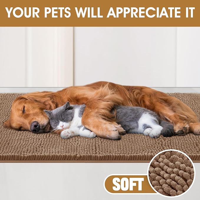 Extra Large Dog Door Mats for Muddy Paws, Chenille Absorbent Dog Mats, Non Slip Heavy Mud Mat for Dogs, Soft Pet Mat for Entryway, Mud Paws, Inside Floor,71" x 25", Camel