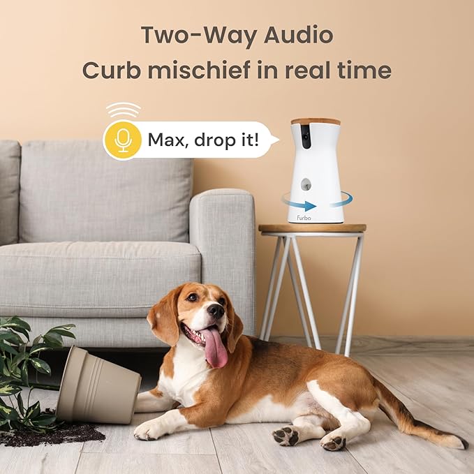 Furbo 360° Dog Camera: Pet Security Cam w/Barking Alerts, Rotating View, Treat Toss w/Phone App, Smart Home Indoor Puppy Monitoring, 2-Way Speaker (Standard Features - No Subscription Required)