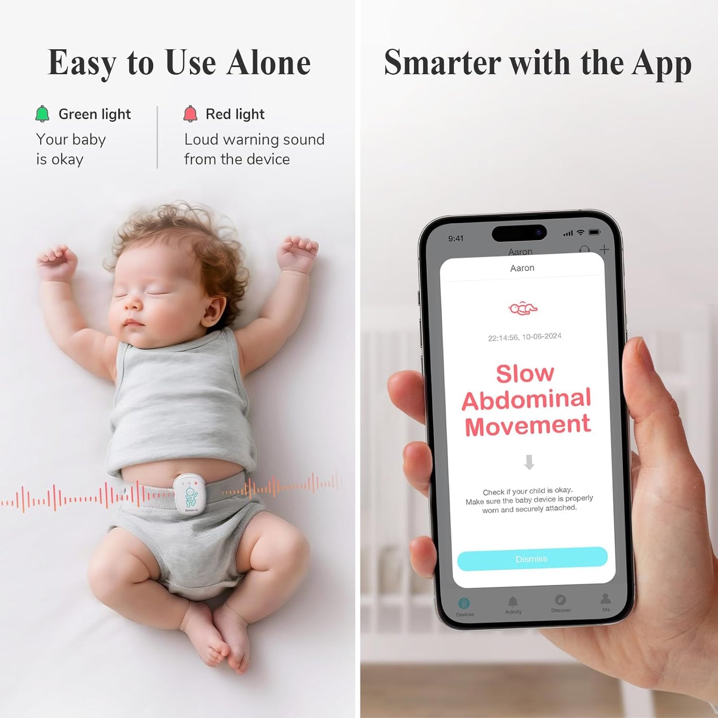Sense-U Pro Baby Movement Monitor with Arousal Vibration, Movement/Rollover/Overheating Alerts, Audible & App Notifications, Easy Clip-On Design, Smart Sleep Monitor