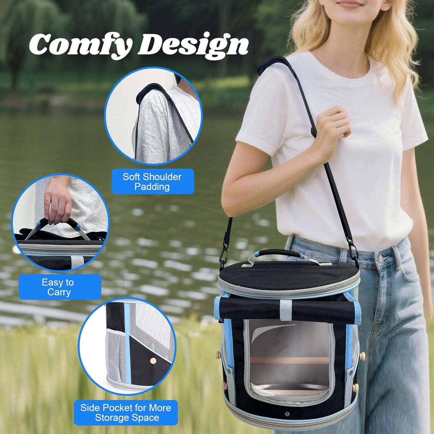 Bird Carrier with Clear Windows, Large Size, Portable Handle, 10 Ventilation Holes, Wooden Perch, Metal Tray, Side Access (Black Oxford, Medium)