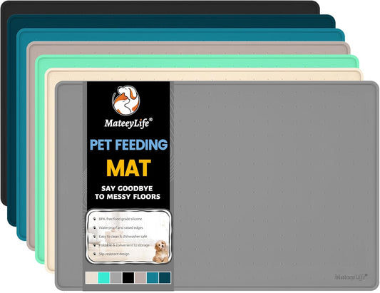 MateeyLife Dog & Cat Food Mat for Floors Waterproof, Nonslip Bowl Mats for Food and Water, Dog Feeding Mats with Raised Edges, Silicone Dog Water Matt Tray for Messy Drinkers, 18"x12", Grey