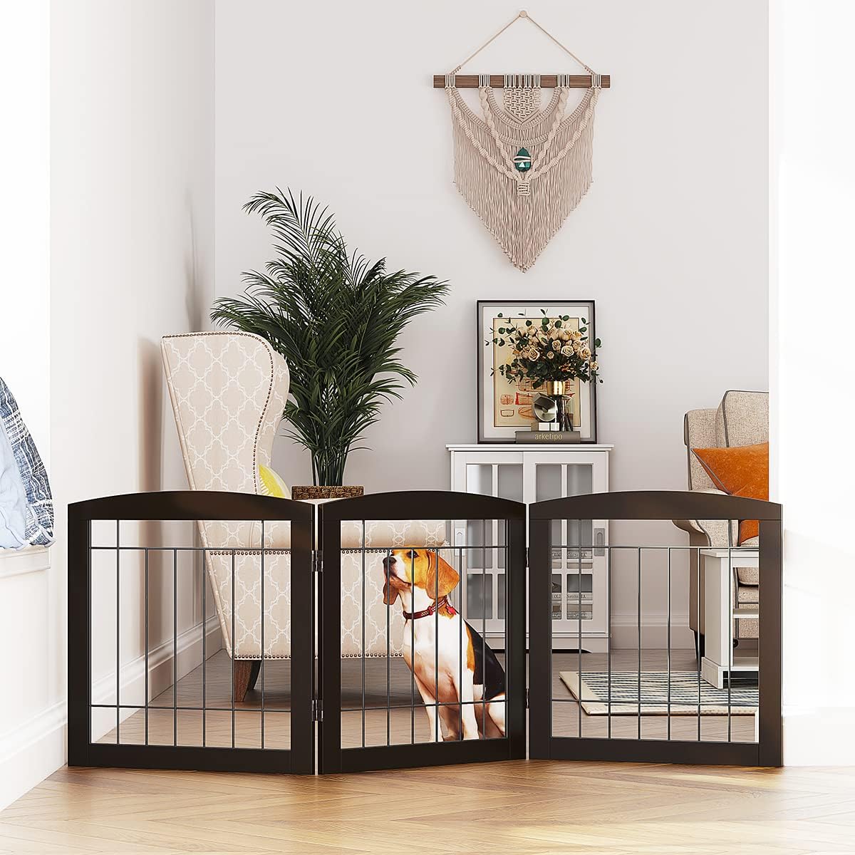 PAWLAND Free Standing Dog Gates for The House Stairs Doorways Indoor Foldable Wooden Small White Puppy Pet Gate Step Over Fence 60" W 24" H 3 Panels Espresso