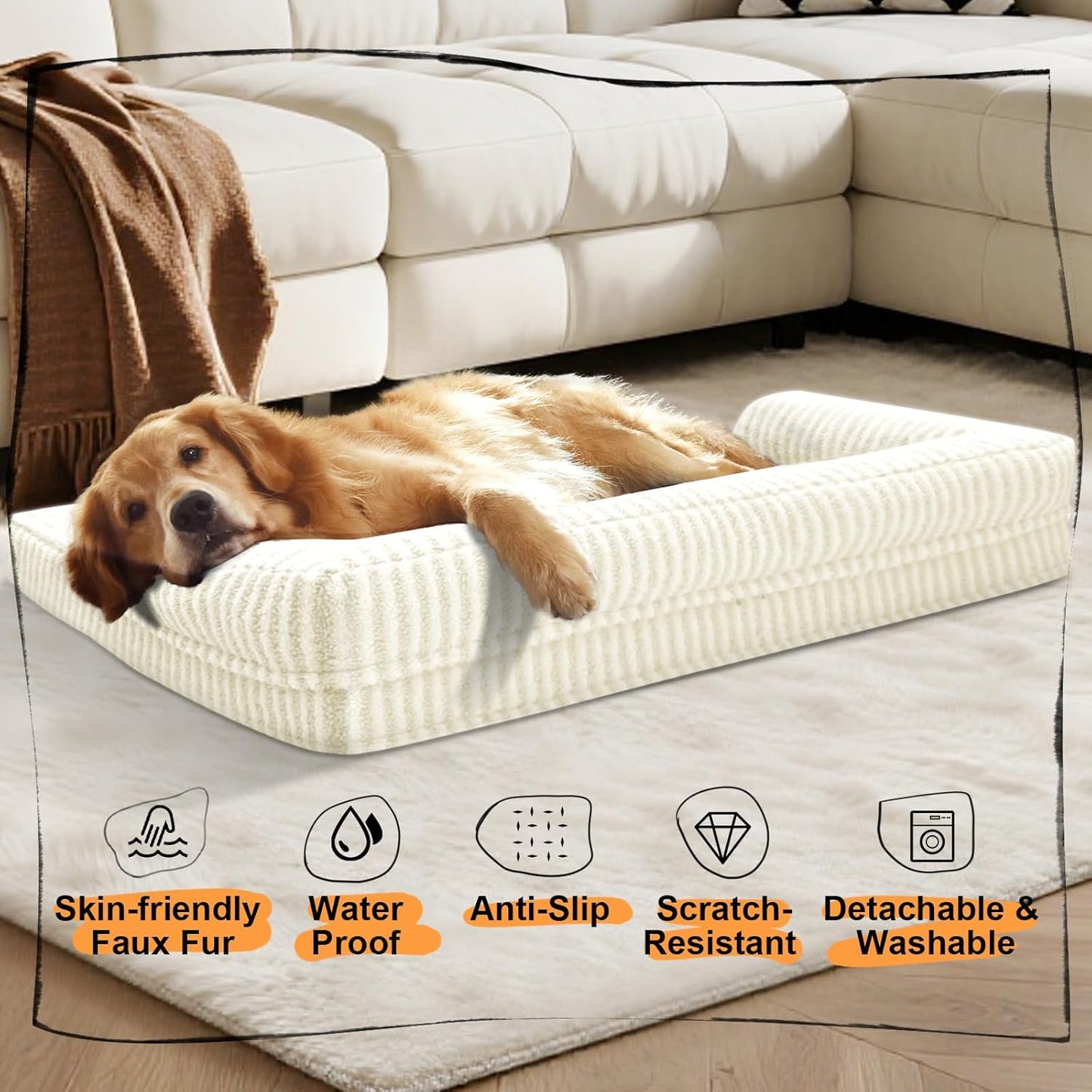 Large Dog Bed Waterproof Orthopedic Foam Dog Beds for Large Dogs Sofa Comfy Pet Bed with Washable Removable Cover & Non-Slip Bottom