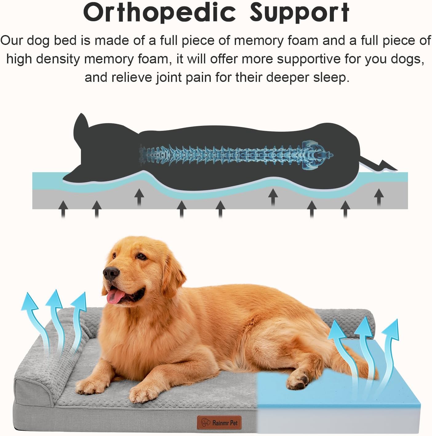 Orthopedic Dog Beds Large Sized Dog, Memory Foam Pet Bed for Medium and Large Dogs, Washable Removable Cover, Nonskid Bottom, Waterproof, 44x32x6 Inches, Light Grey