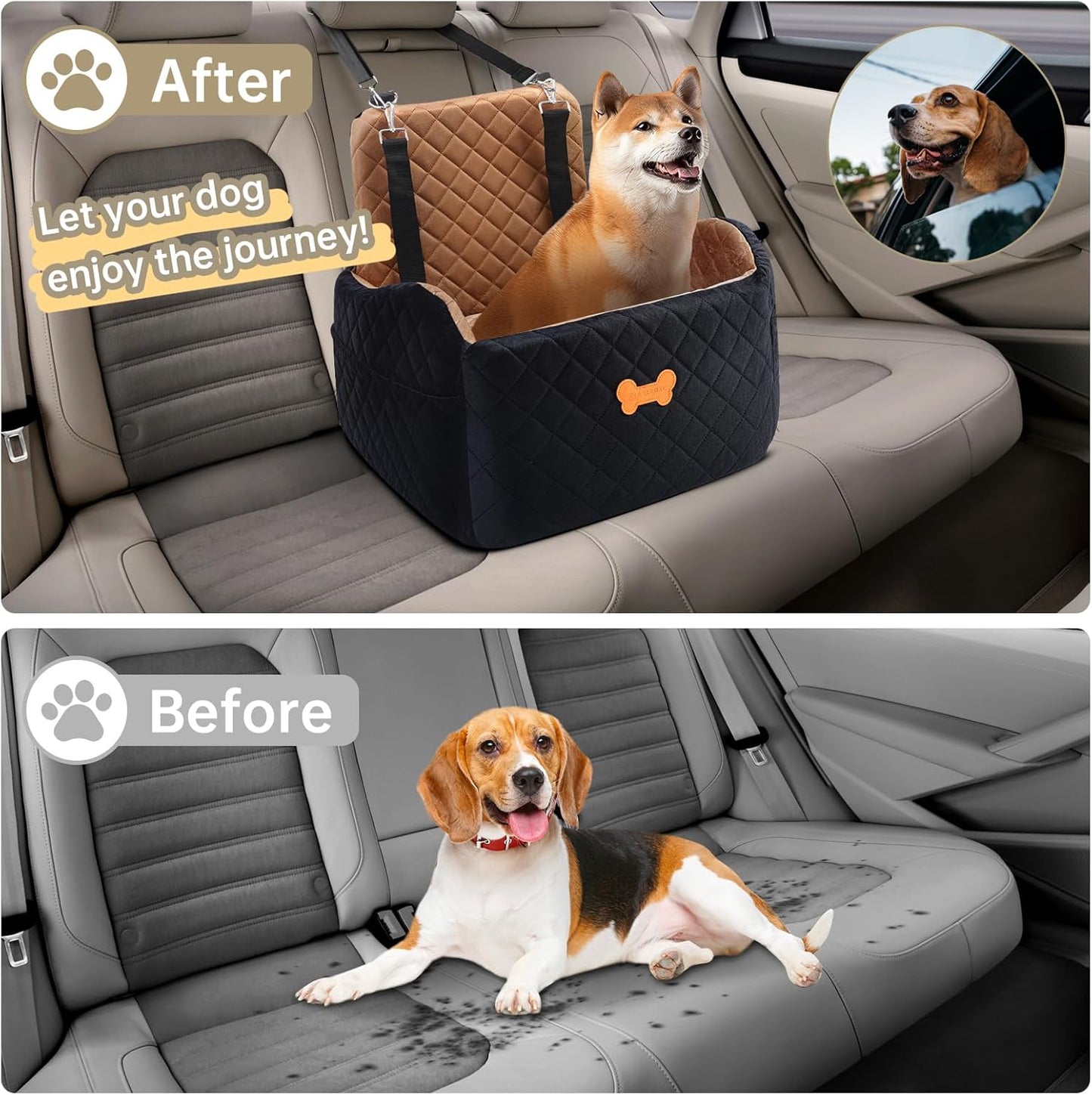 Dog Car Seat for Small Dogs, Dog Booster Seat Filling in Thick Memory Foam with 2 Safety Leashes and Storage Pocket, Suitable for Pet Under 30lb or 2 Puppies (Brown/Black)