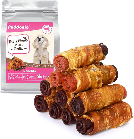 Dog Treats, Triple Flavor Chicken Duck Beef Meat Rolls, Rawhide Free Dog Snacks, Soft Treats for Small Dogs, 13.23 oz