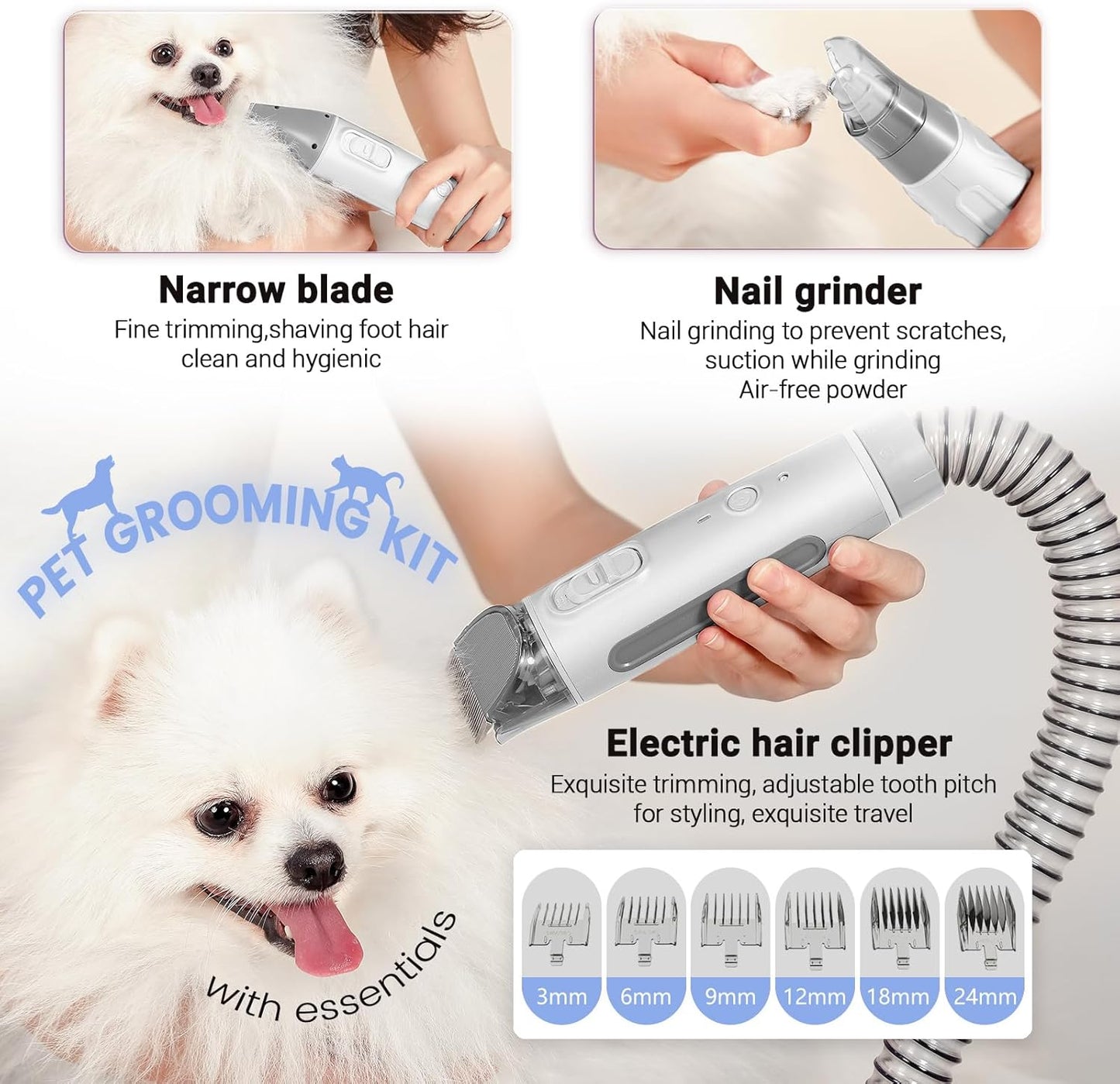 Dog Grooming Kit, Dog Grooming Vacuum, 13000Pa Upgrade Strong Pet Grooming Vacuum for Pets, Scalable Dust Cup, Low Noise, 10 Tools Shedding Grooming for Pet Hair (White)