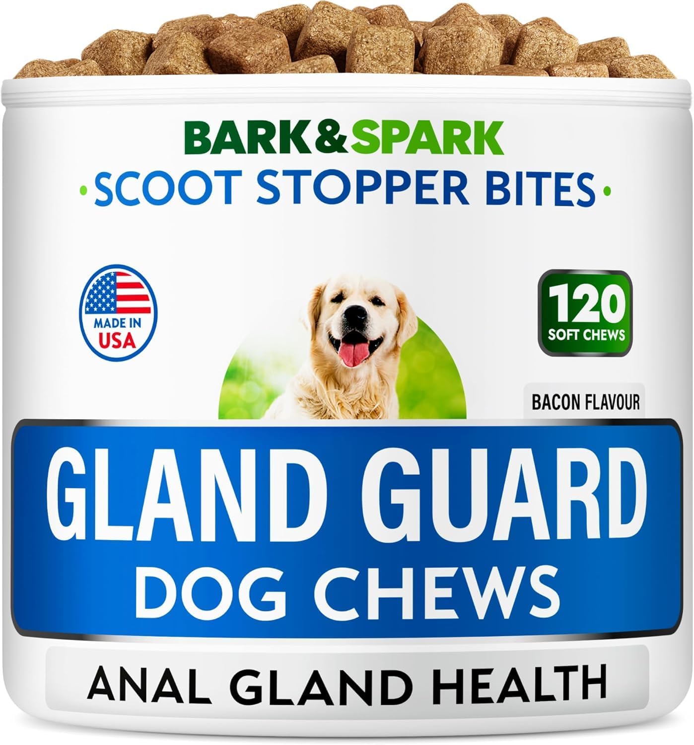 BARK&SPARK Dog Anal Gland Treatment Chews - AnalGland Support Supplement - Stop Scoot & Reduce Odor with Prebiotics & Digestive Enzymes - Bacon Flavor, 120 Treats