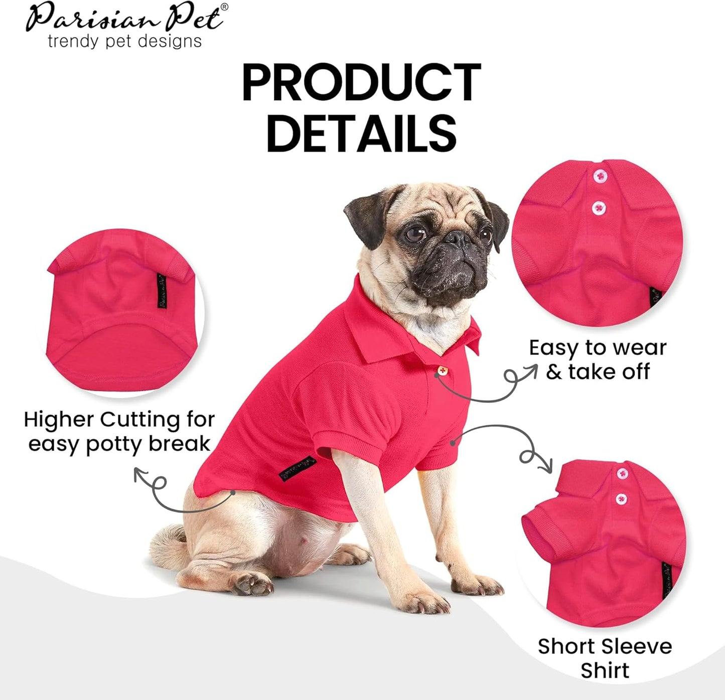 Parisian Pet Polo Shirts - Breathable Cotton Shirt - Solid Color Summer Pullover - Button Up Collar, Pink Polo for Small Dogs XS