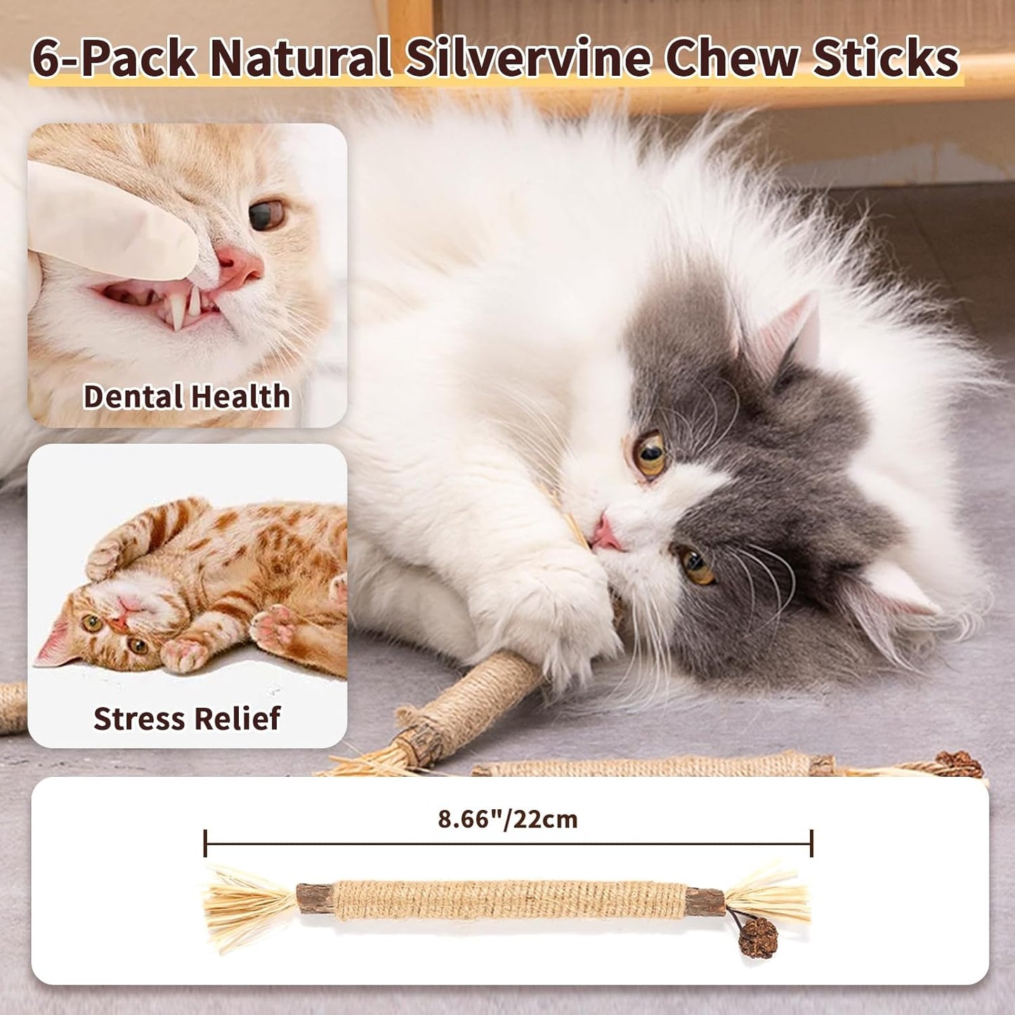 6 Pack Silvervine Cat Chew Toys, Natural Dental Sticks for Indoor Cats, Kittens Teeth Cleaning, Catnip Alternative, Interactive Play, Yellow