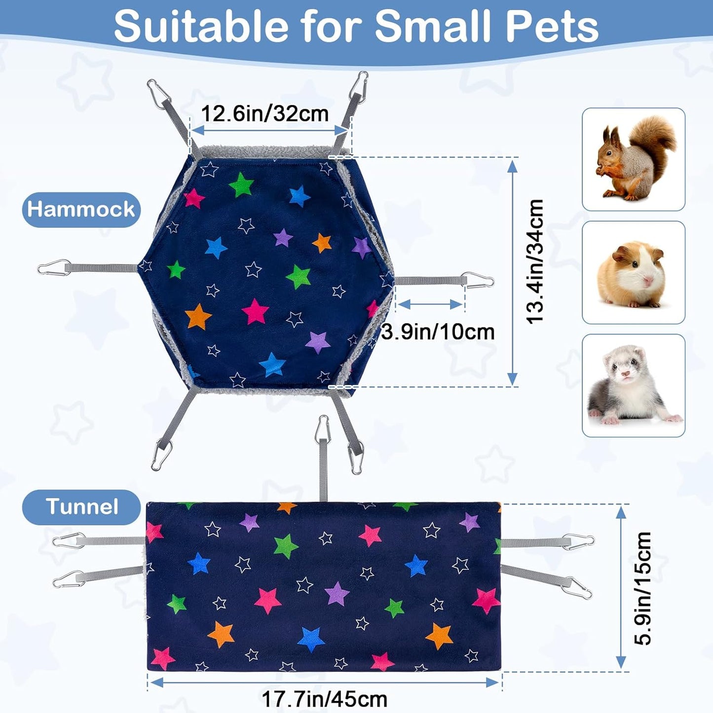 Bienbee 2 Pcs Ferret Rat Hammock Set for Cage Washable Guinea Pig Hideout Bed Soft Small Animal Hammock Tunnel Toys Ferret Cage Accessories for Hedgehog Sugar Glider Squirrel Hamster, Blue Stars