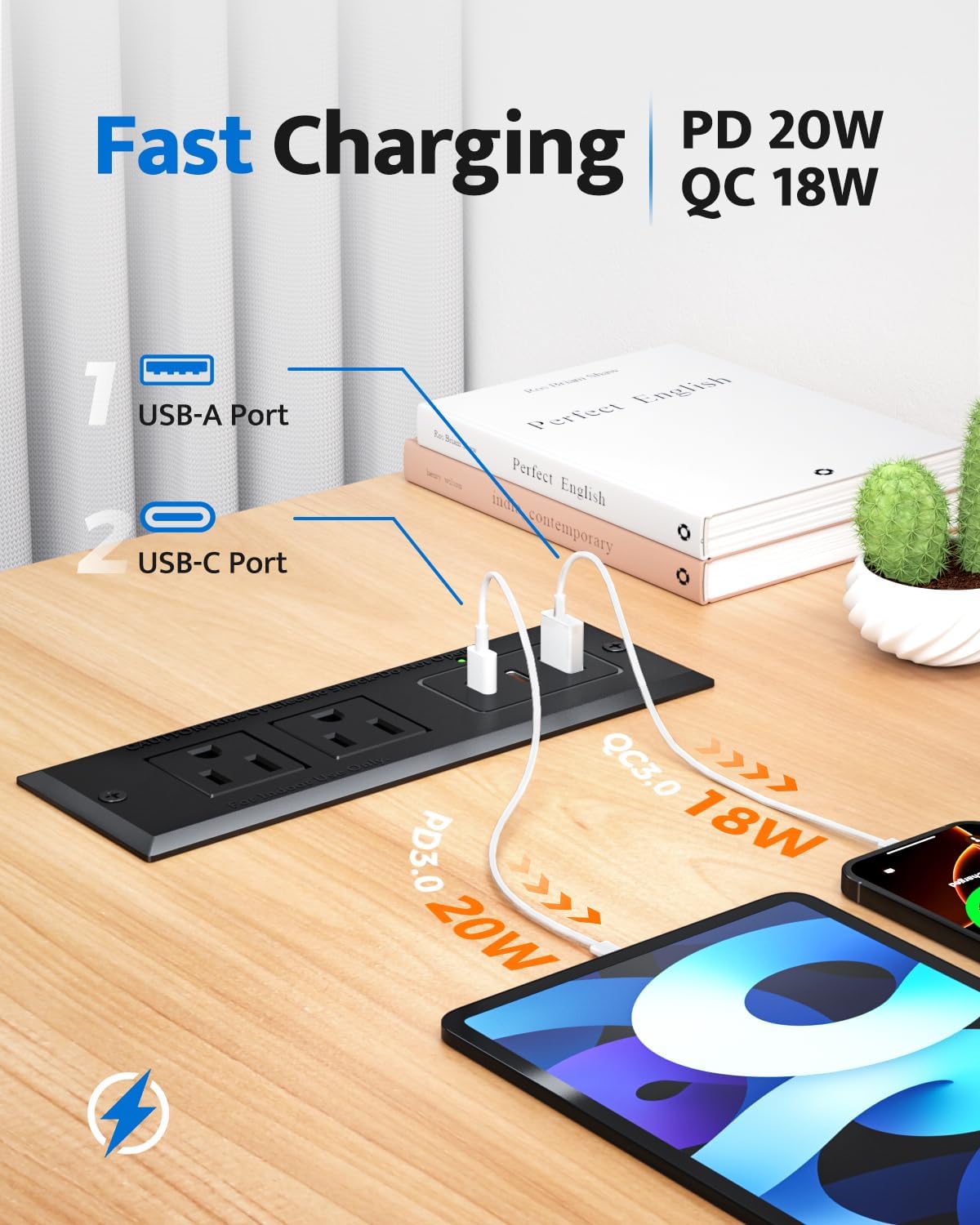 Recessed Power Strip with 20W USB C Port, Fast Charging USB A Port Conference Recessed Outlet, Space-Saver for Furniture Side Table, End Table, Desk Outlet with 6ft Cord, 45° Thin Flat Plug, Black