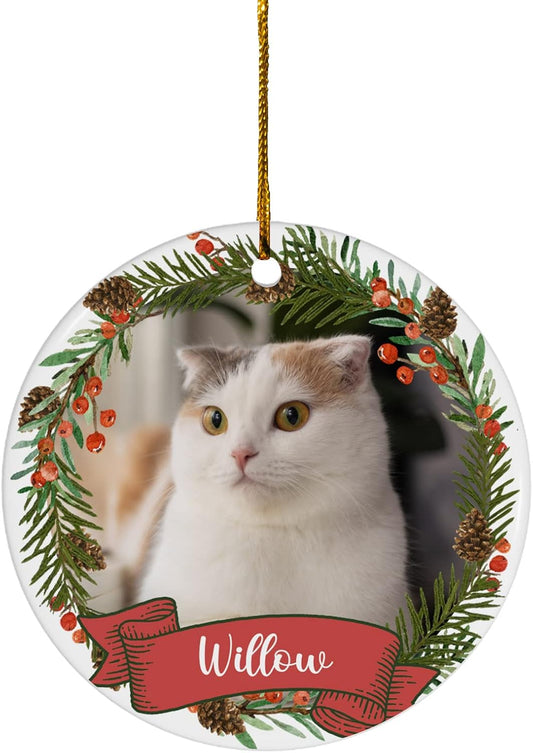 FLOCHIL Personalized Cat Christmas Ornaments Custom Photo Name for Christmas Trees, Cat First Christmas Ornaments, Gifts for Pet Lovers