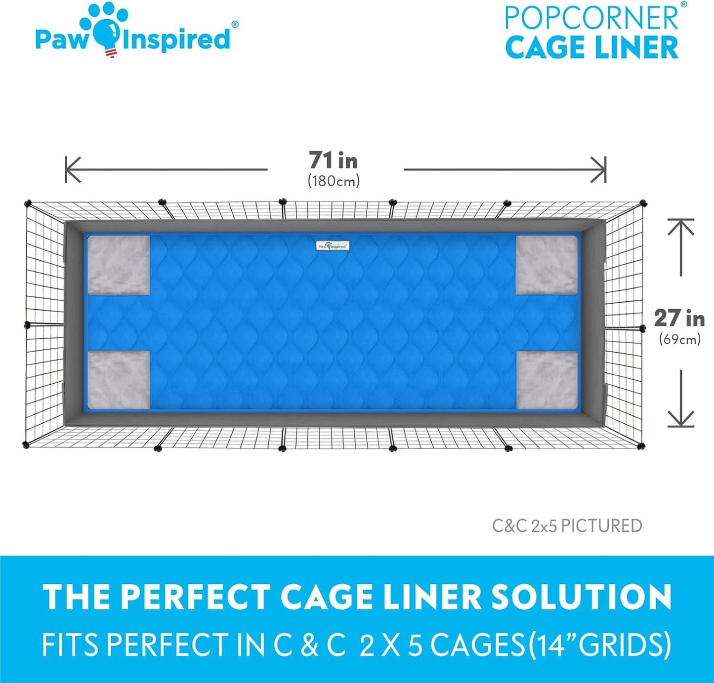 Paw Inspired PopCorner Guinea Pig Cage Liners | Washable Fleece Bedding or Pet Bed Mat for Small Animals | Super Absorbent Pee Pad with Reinforced Corners and Waterproof Bottom (C&C 2x5, Blue)