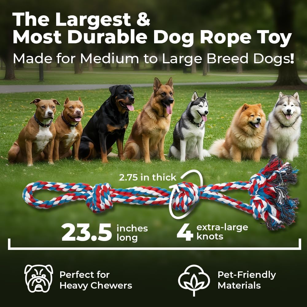 Pacific Pups Products Large Dog Rope Toy for Aggressive Chewers - 23.5" Giant Dog Tug of War Toy for Large Breeds - Durable Big Pull Rope for Teething Puppies and Heavy Duty Chewers
