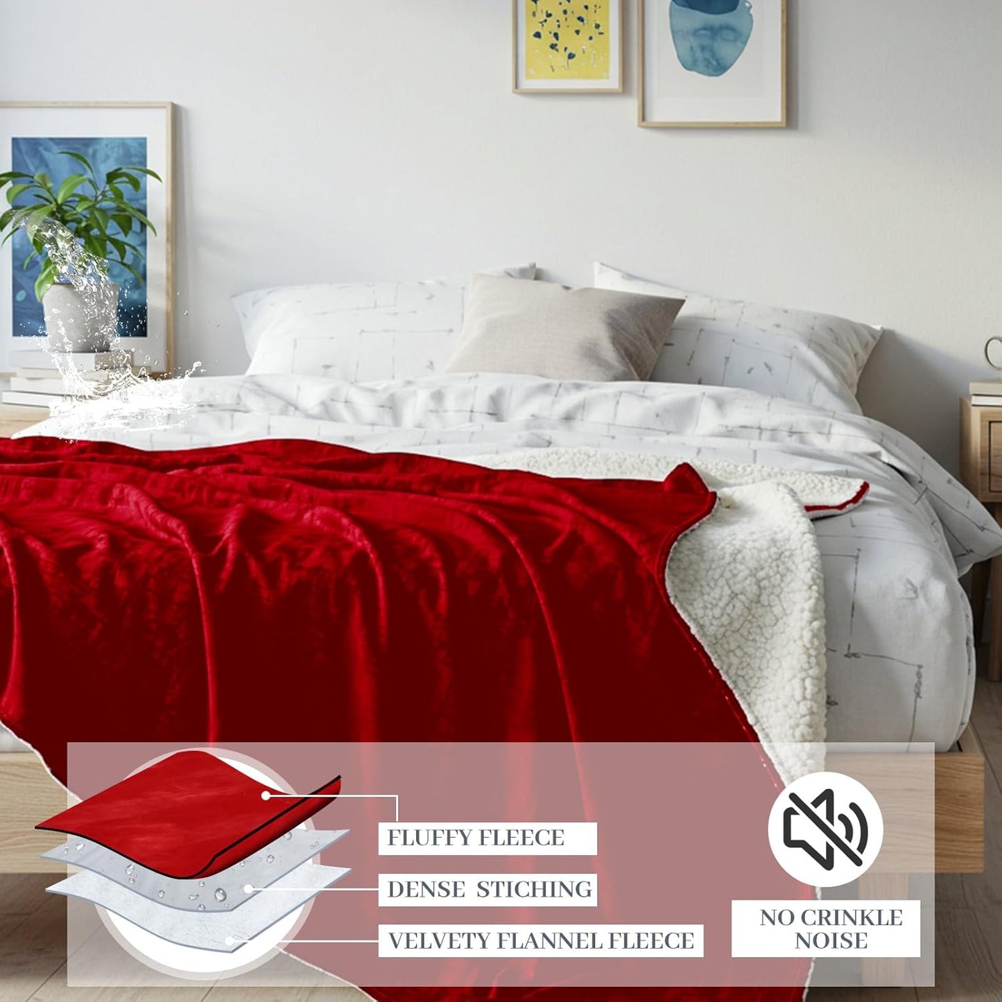 Love Red Waterproof Bed Blanket, Throw Size XL 50'' x 80'' Double Side Leakproof Reversible Sherpa Flannel Fleece 3 Layer Lightweight Blanket, Absorbs 44oz