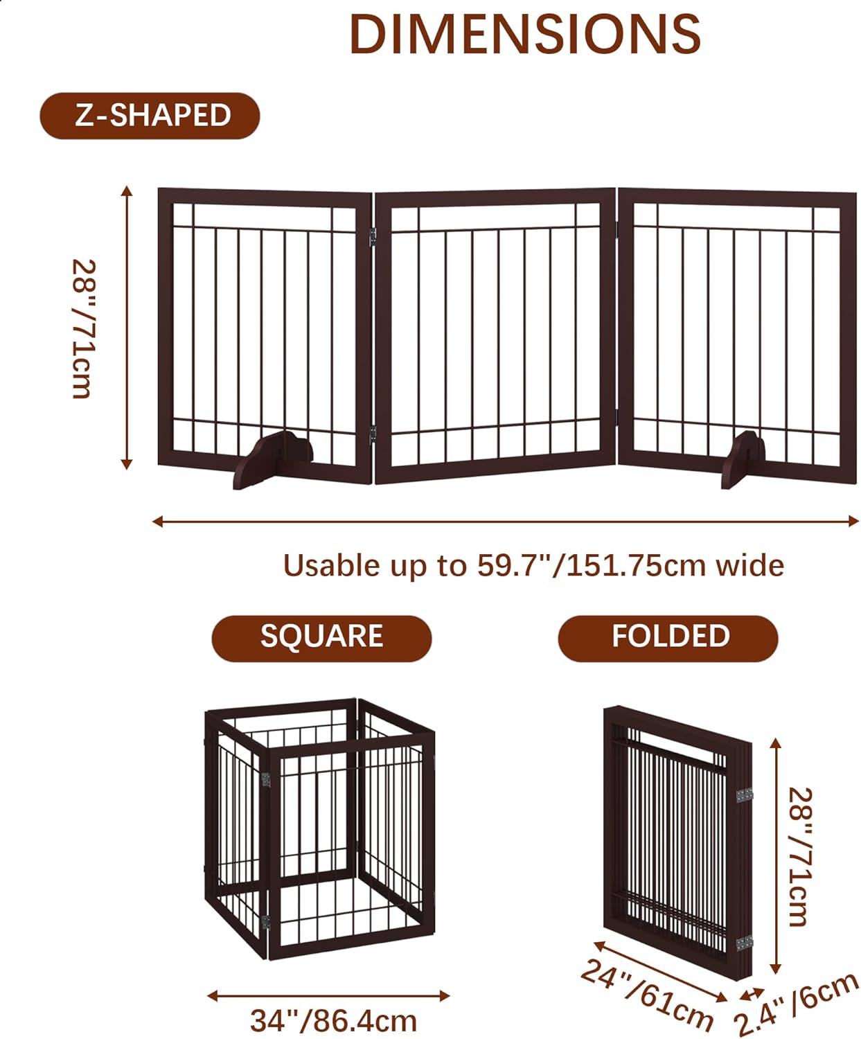 JSB 72-inch Extra Wide 28-inch Tall Dog gate, Freestanding Pet Gate for Halls, Stairs & Home, Pet Puppy Safety Dog Fence with 2PCS Support Feet (Espresso)