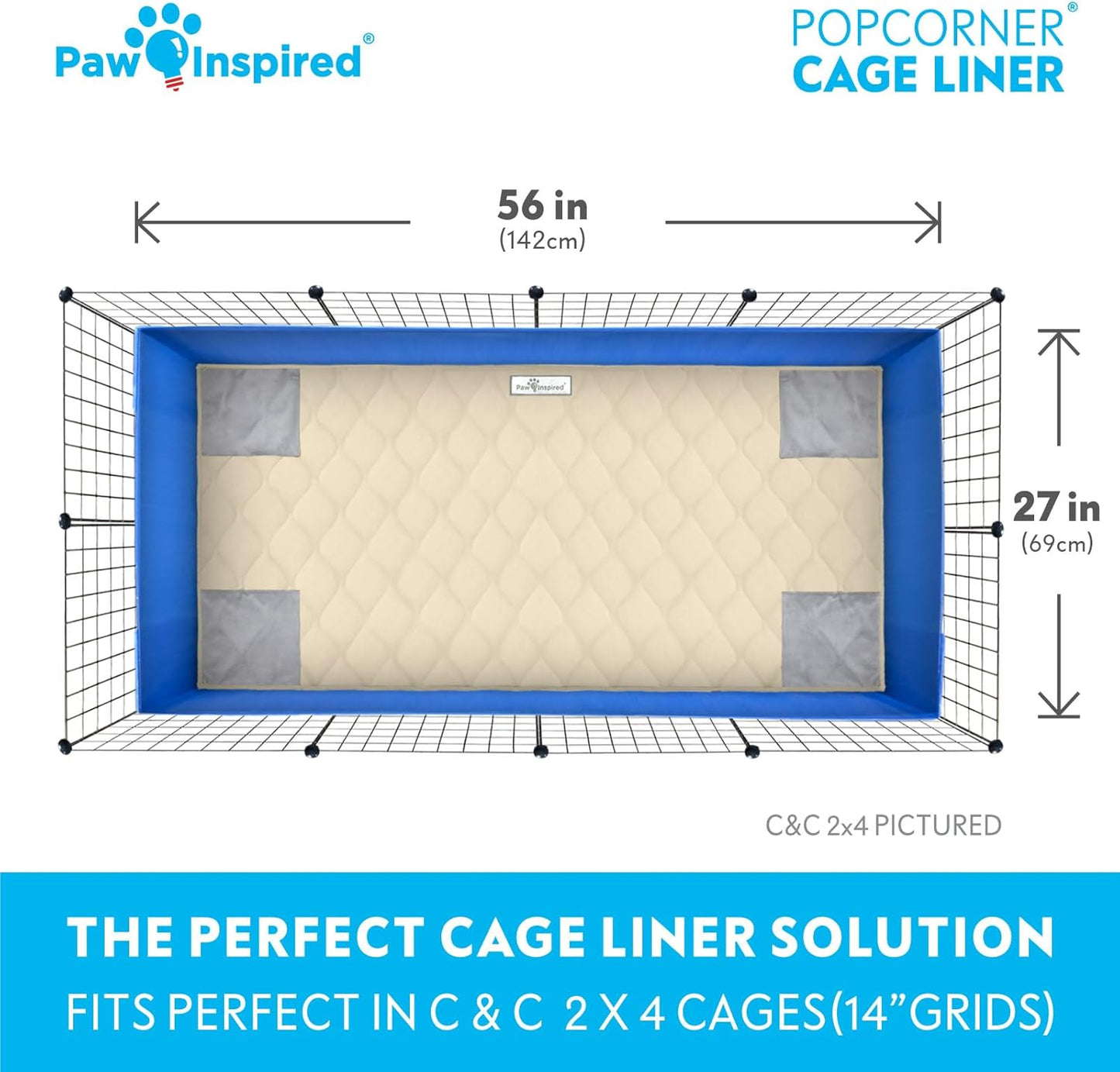 Paw Inspired PopCorner Guinea Pig Cage Liners | Washable Fleece Bedding or Pet Bed Mat for Small Animals | Super Absorbent Pee Pad with Reinforced Corners and Waterproof Bottom (C&C 2x4, Tan)
