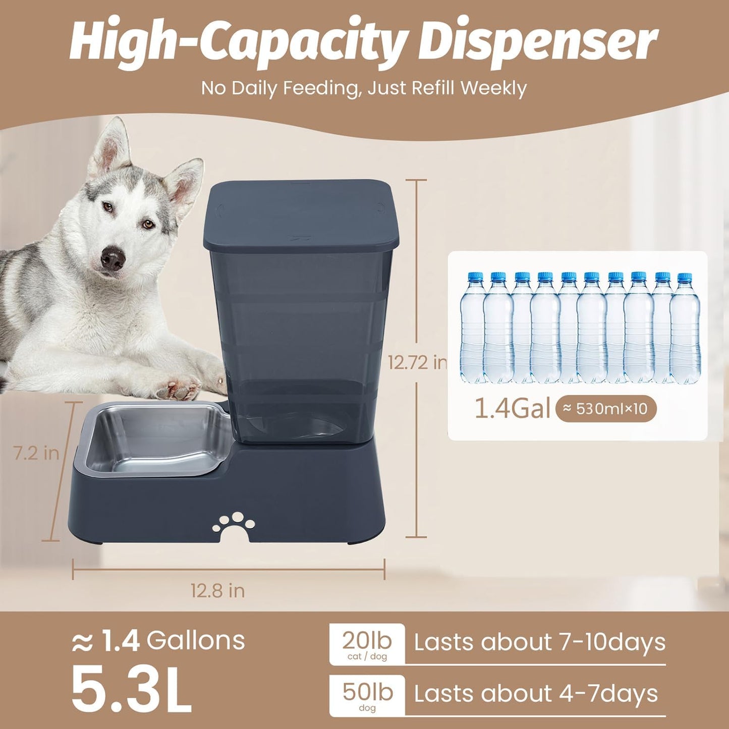 Automatic 5.4L/1.4Gal Pet Waterer, Pet Automatic Dog Water Dispenser Gravity Stainless Steel Water Feeder, Large Capacity Feeding Bowls for Cats and Medium & Large-Sized Dogs