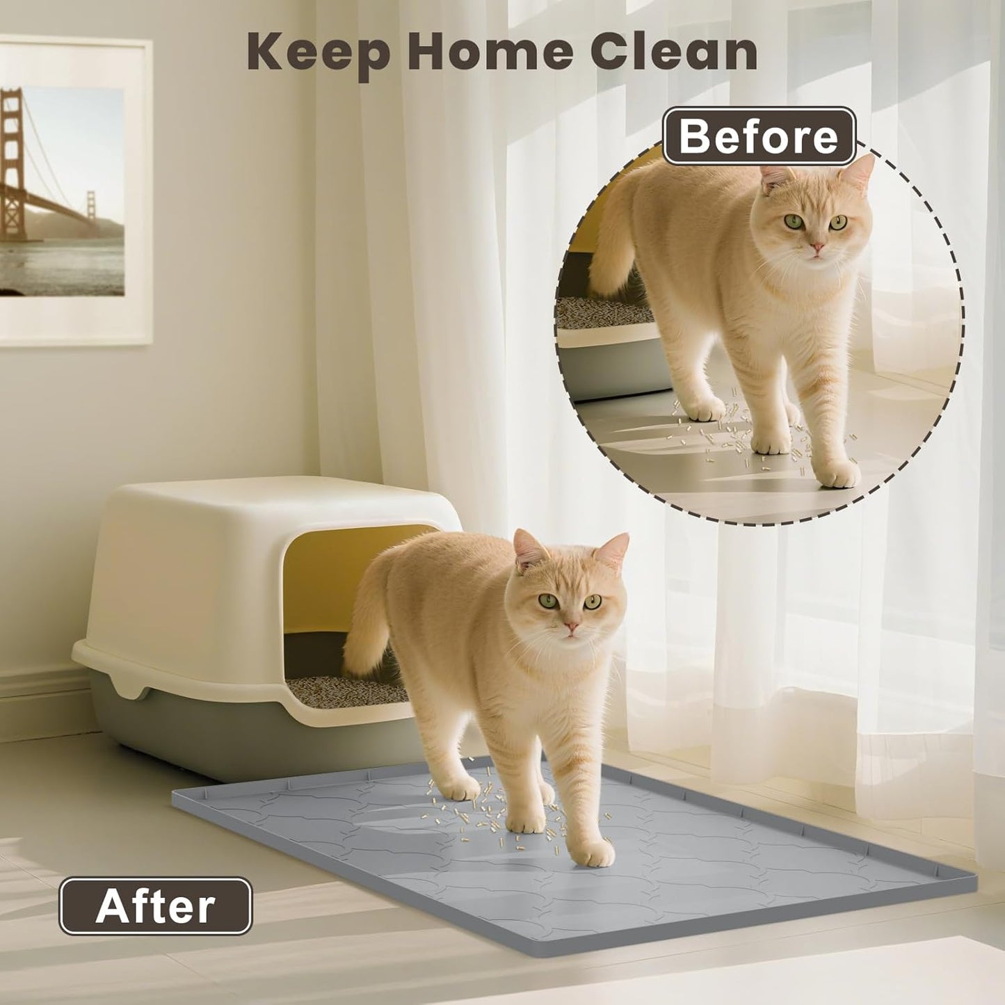 Cat Mat for Litter Box, 34" X 22" Large Silicone Cat Litter Trapping Mat, Easy Clean for Scatter Control, Soft on Kitty Paws, Waterproof, Urine-Proof, Non-Slip Kitty Litter Mat for Floor, Gray