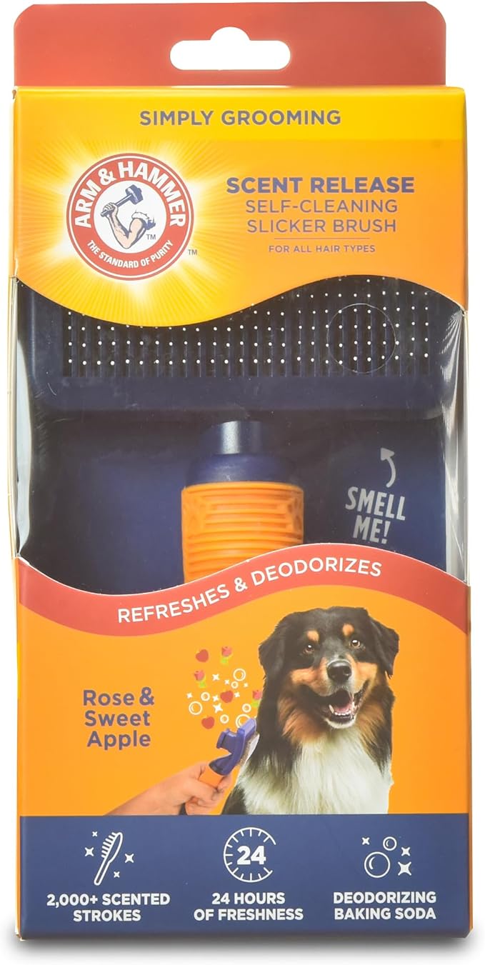 Arm & Hammer “Simply Glam” Dog Grooming Slicker Deodorizing Brush with Fragrance Transfer Technology – Scented Self-cleaning Slicker Brush for Shedding, Scented for Dogs with Sweet Apple & Rose Scent