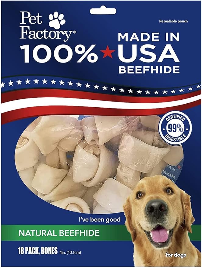 Pet Factory 100% Made in USA Beefhide 4" Knotted Bones Dog Chew Treats - Natural Flavor, 18 Count/1 Pack