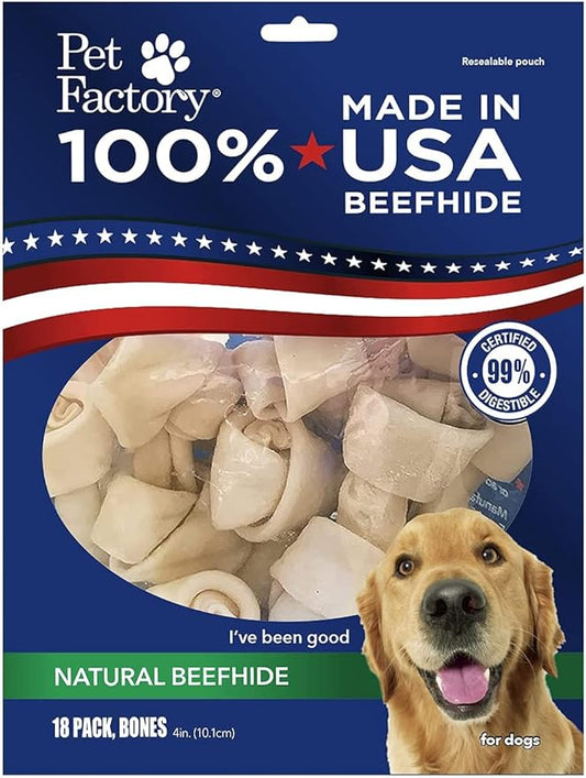 Pet Factory 100% Made in USA Beefhide 4" Knotted Bones Dog Chew Treats - Natural Flavor, 18 Count/1 Pack