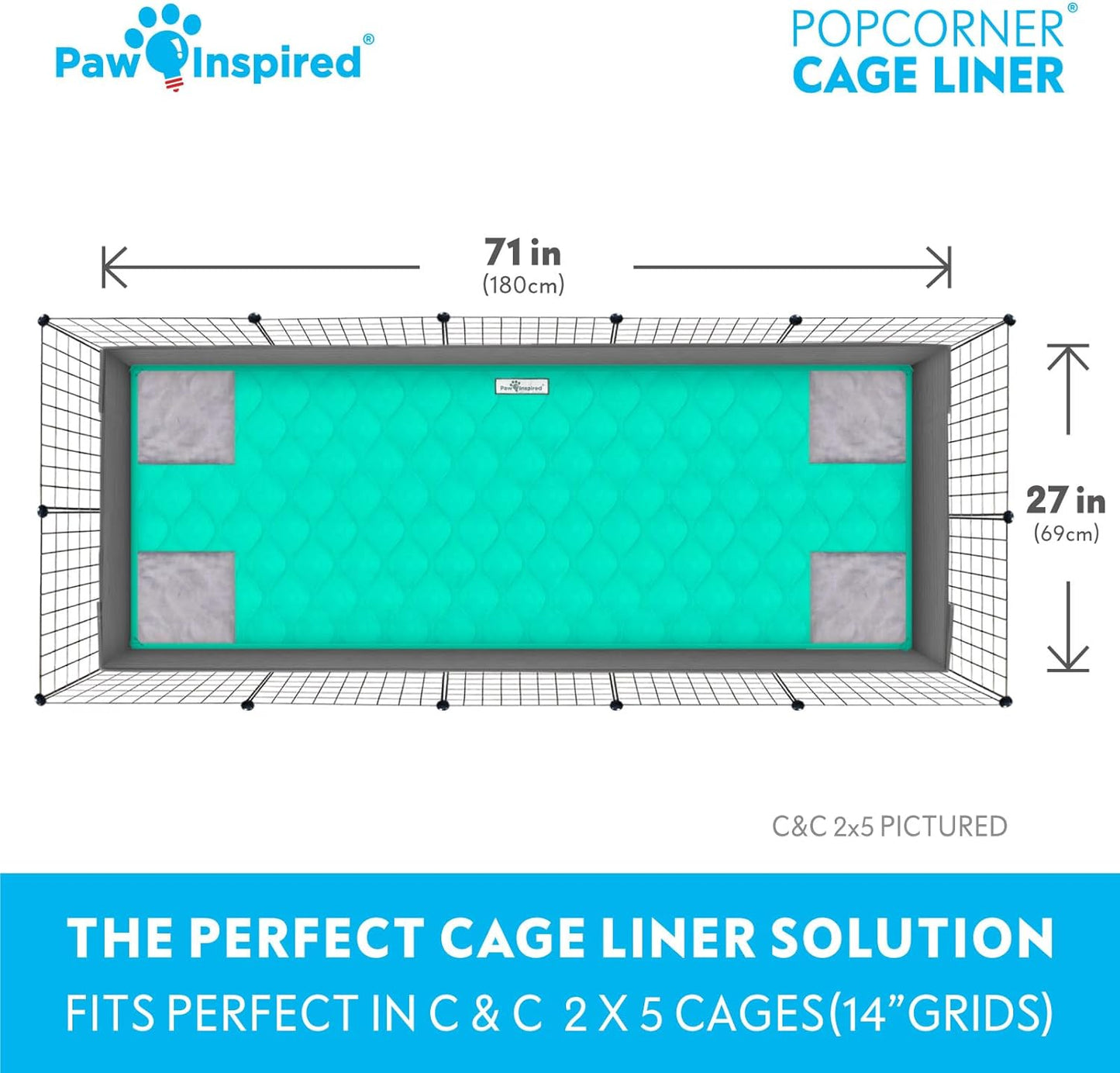 Paw Inspired PopCorner Guinea Pig Cage Liners | Washable Fleece Bedding or Pet Bed Mat for Small Animals | Super Absorbent Pee Pad with Reinforced Corners and Waterproof Bottom (C&C 2x5, Green)