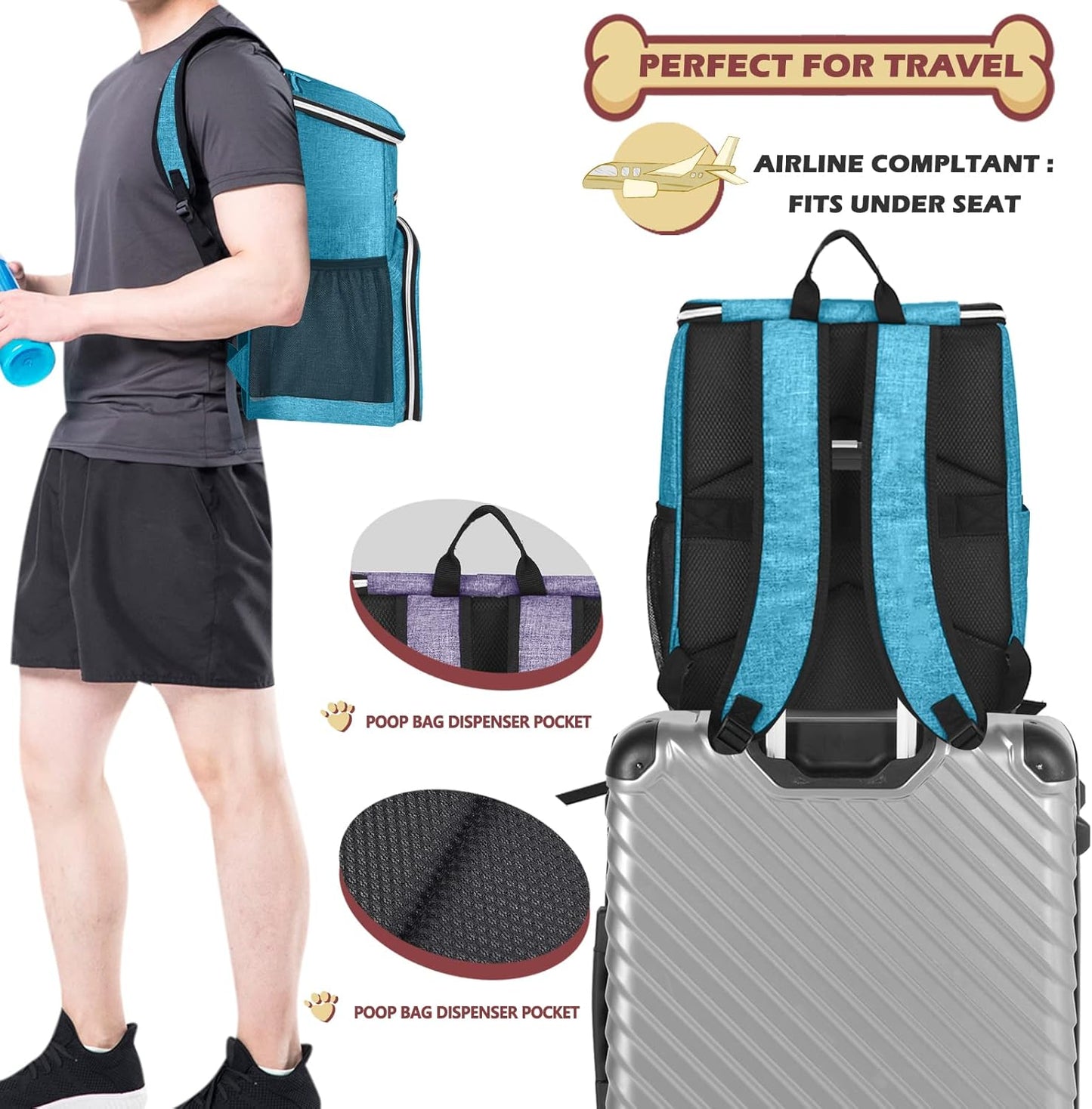 BAGLHER丨Dog Travel Bag Backpack, Airline Approved Pet Supplies Backpack, Dog Travel Bag with 2 Silicone Collapsible Bowls and 2 Food Baskets Sky Blue