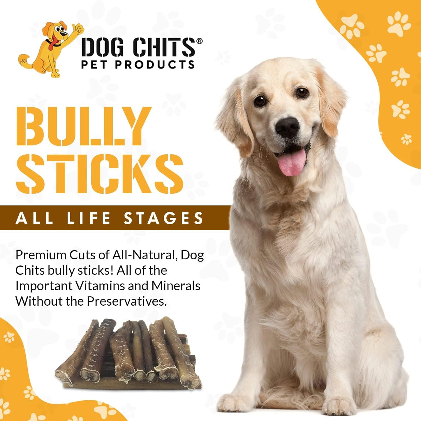 Dog Chits Bully Sticks for Dogs and Puppies | 6-inch, 12 Pack | Natural Healthy Long Lasting Chew for Large and Small Dogs Protein Treats | Odor Free