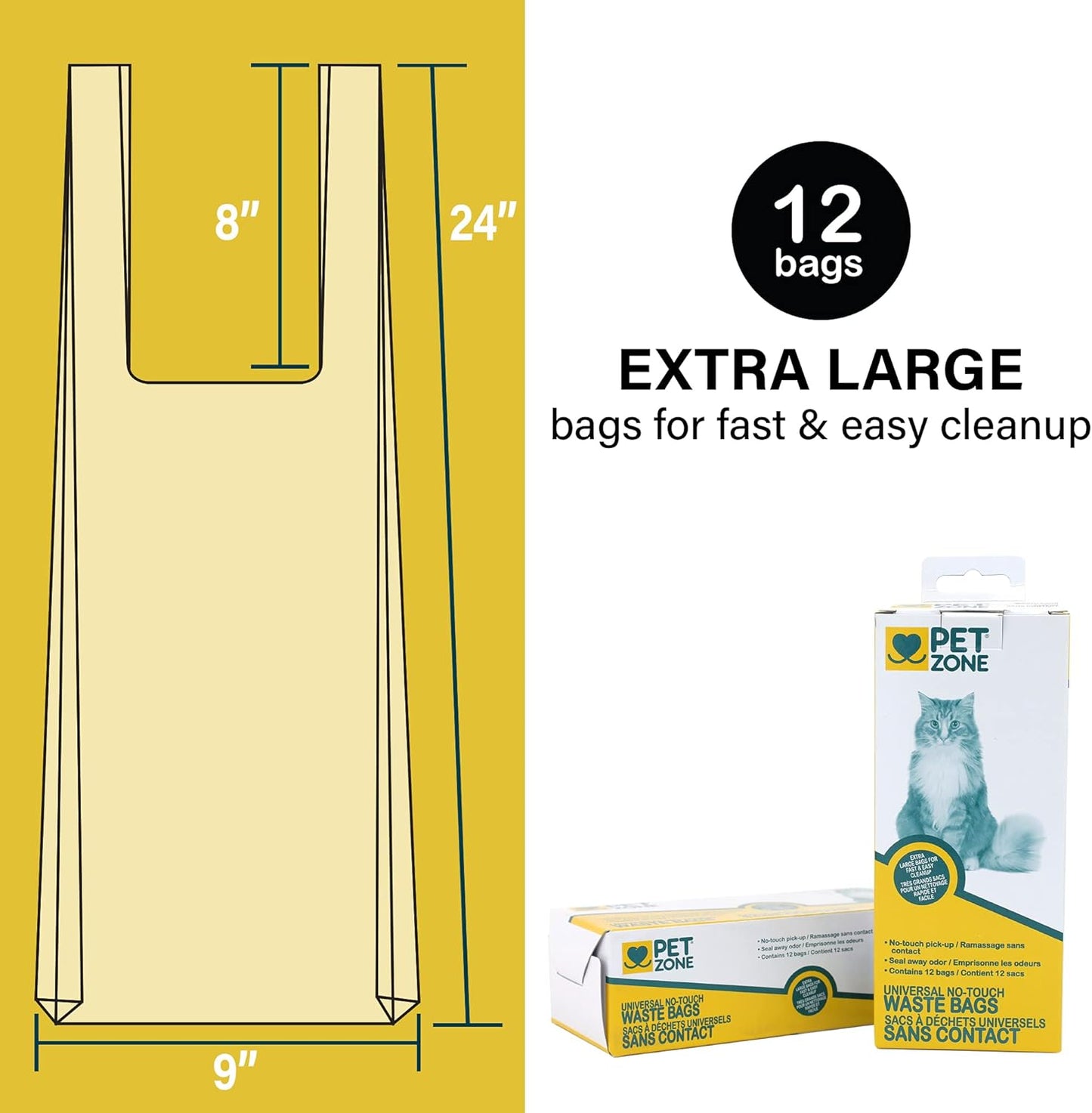 Pet Zone Universal No-Touch Cat Litter Bags & Waste Bag (Pet Waste Bag Great for Cat Litter Boxes) 12 Pack