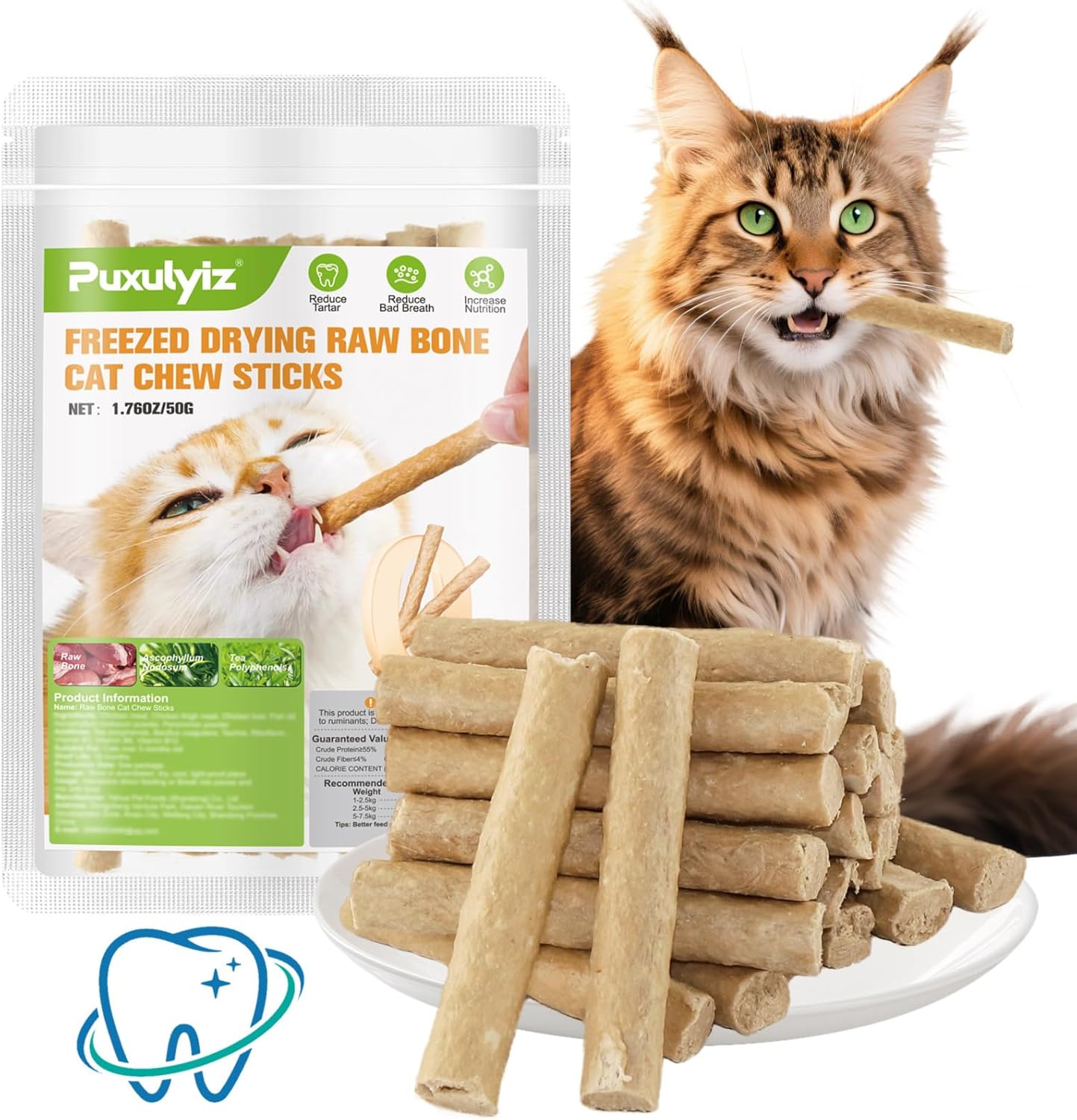 Freezed Dried Cat Chew Sticks, Cat Dental Treats for Freshens Breath and Controls Tartar, Feline Teething Sticks