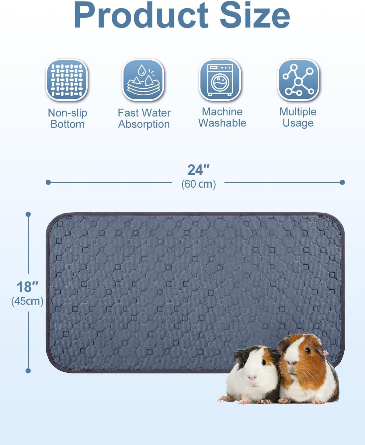 2 Pack 48" x 24" Guinea Pig Cage Liner, Washable Reusable Bedding, Waterproof Absorbent Pee Pad Non-Slip Mat for Small Animals, Rabbit, Hamster, Rat, Chinchilla