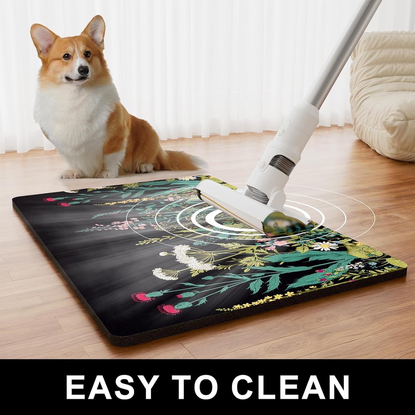 Dog Food Mat, 16" x 24" Absorbent Dog Cat Bowl Mat for Food and Water, Cute Anti-Slip Rubber Pet Feeding Rug Protect Floors, Placemat for Feeding & Watering Supplies, Midnight Flower