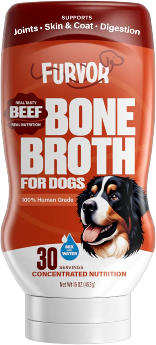 Beef Bone Broth Concentrate for Dogs - Collagen Protein Supplement - Digestion, Mobility, Coat, Immune System, Joints - Healthy Dog Food Gravy Topper - Human Grade, Made in USA (16 oz, 30 Servings)