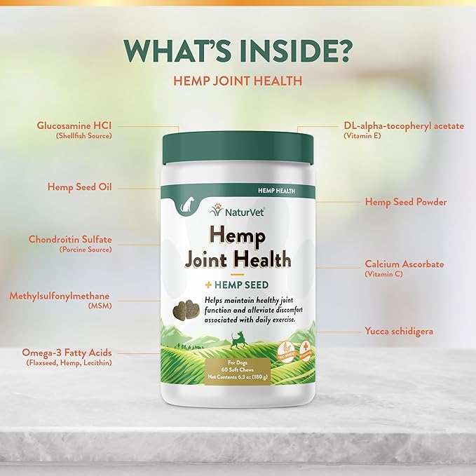 NaturVet Hemp Joint Health, Joint Care Support Supplement for Dogs, Soft Chews, 60ct Made in The USA