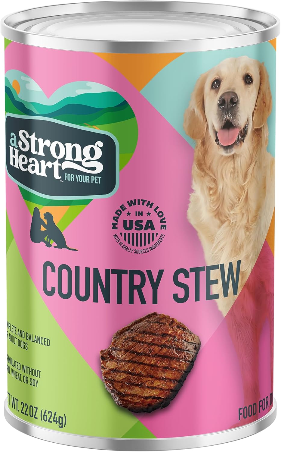 A Strong Heart Wet Dog Food, Country Stew - 22 oz Cans (Pack of 12), Made in The USA with Real Beef, Carrots & Peas