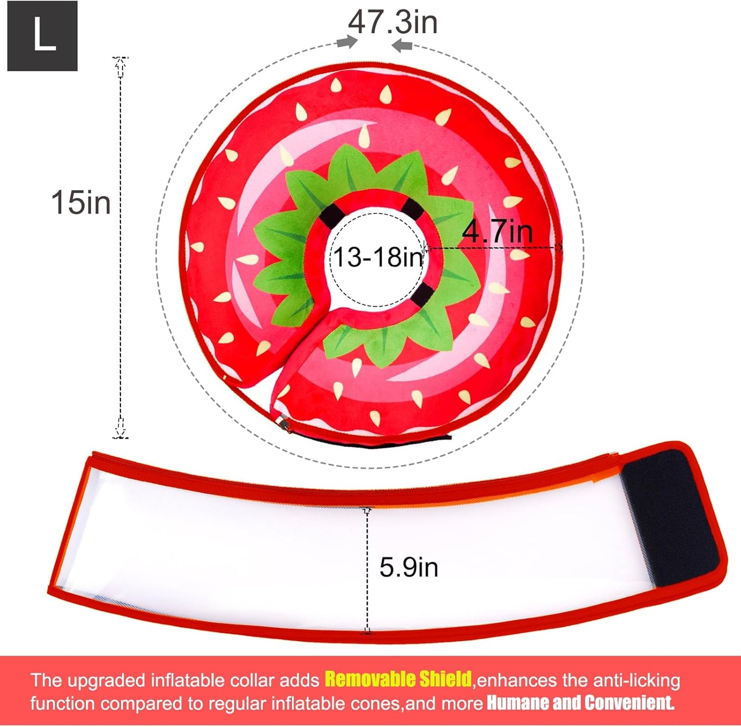Inflatable Dog Cone Collar for Large Medium Small Dogs, Soft Dog Donut Collar Adjustable Recovery Cone for Pets After Surgery, Extra Enhanced Anti-Licking Guard Shield for Pets (Large, Strawberry)