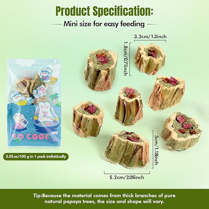 Abizoo Rabbit Chew Toys for Bunny Natural Papaya Wood Chew Treats with Organic Alfalfa Hay, Dried Carrot, Apple and Sweet Potato for Rabbits Guinea Pigs Hamsters Chinchillas Gerbils(3.5oz/100g)