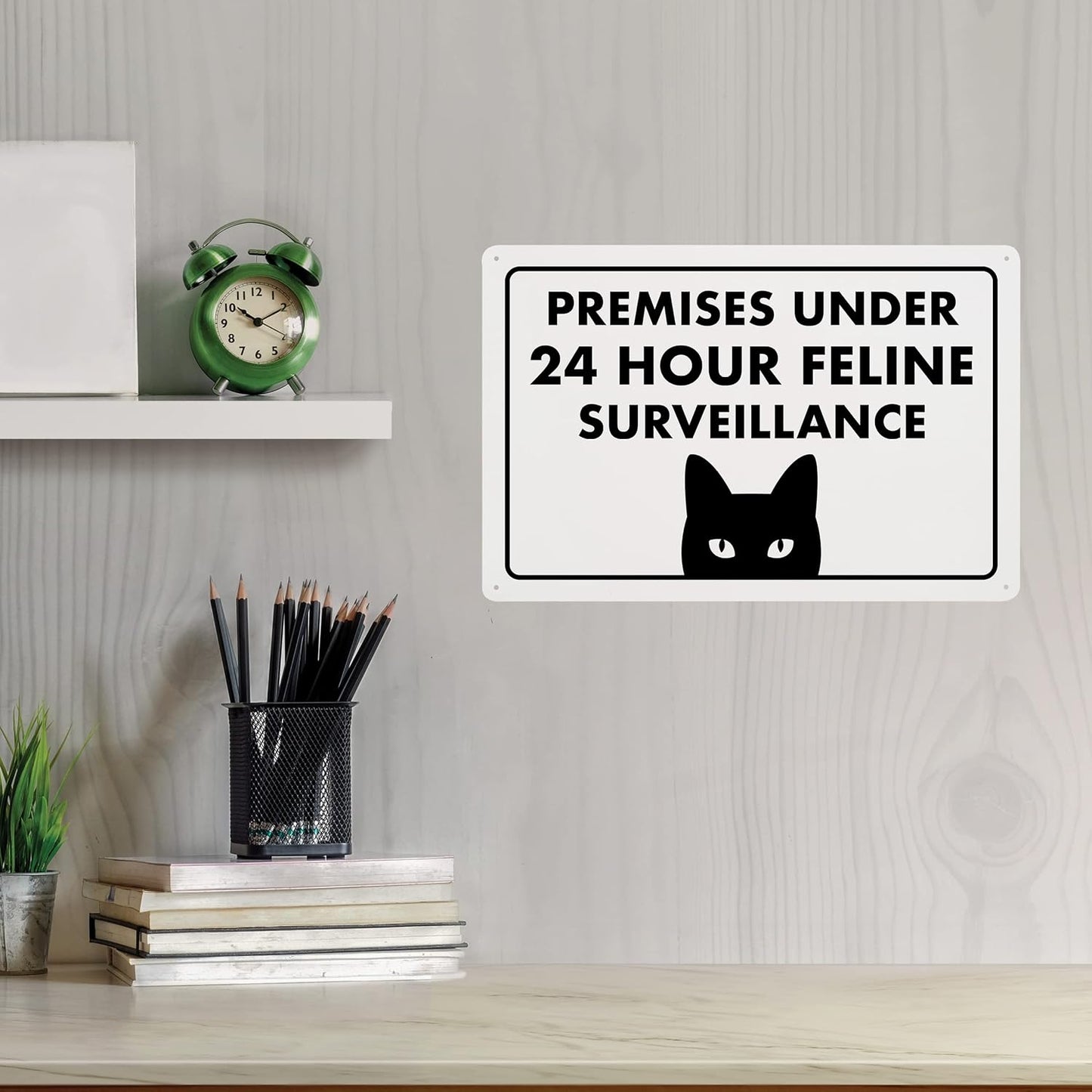 Premises under 24 Hour Feline Surveillance - Funny HALLOWEEN Cat Sign, Plastic - 8" x 12" - Perfect for Home Decor, Gift for Kitty Lovers, Warning Sign - ENVISIONED Signage
