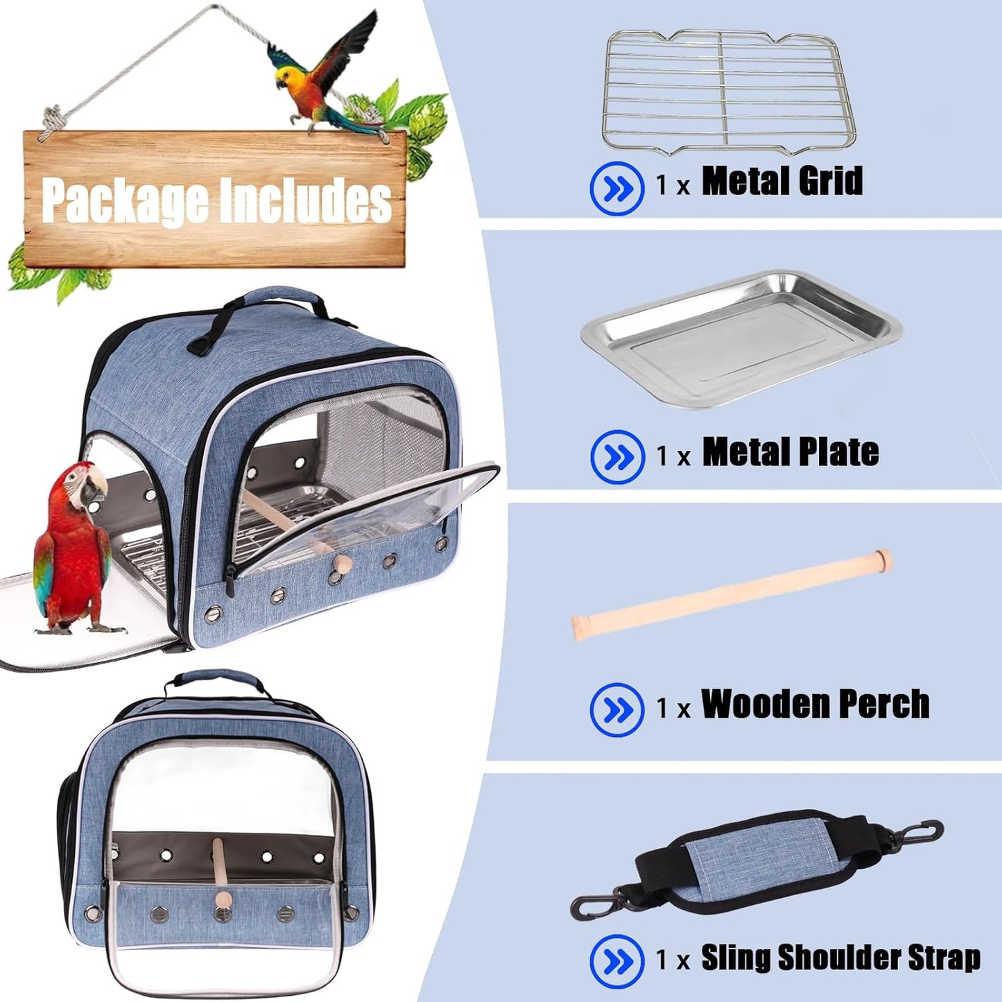 Bird Travel Carrier Cage for Large Size Parrot, Portable Bag with Metal Tray and Grid to Carry and Transport Medium and Large Birds Like African Grey, Long Tail Cockatiel and Parrot
