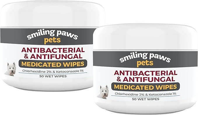 Smiling Paws Pets - Antibacterial & Antifungal Wipe for Dogs & Cats - Contains Ketoconazole & Chlorhexidine - Skin Treatment for Yeast Infection, Ringworm, Pyoderma, Bacteria & Fungus - 50ct (2 Pack)